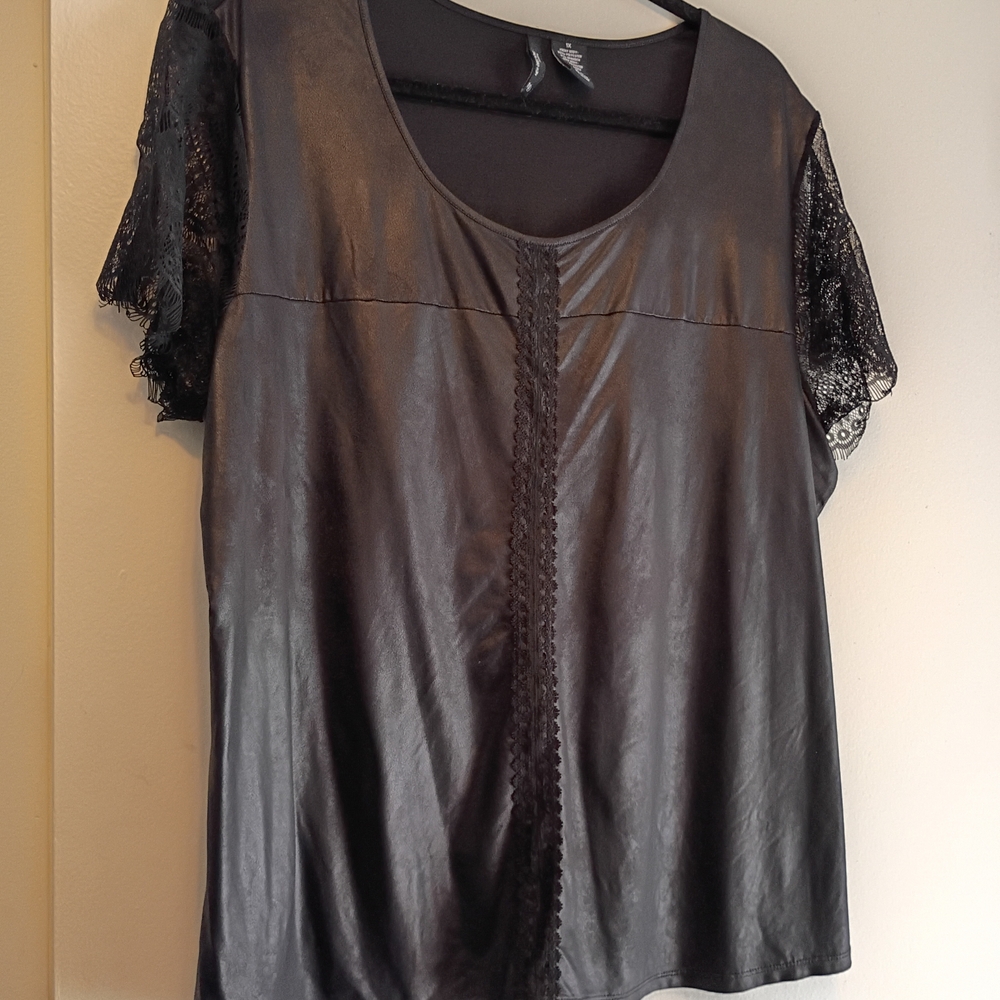New Directions Leather-look Black Lace Blouse